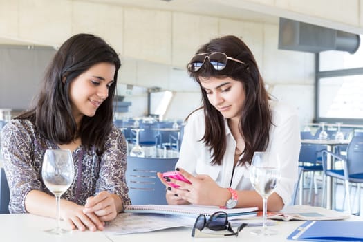 Group of happy students preparing their exams or simply relaxing at a bar