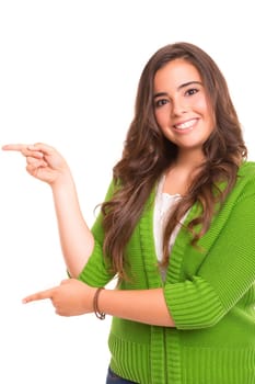 Young beautiful woman presenting your product, isolated over white background