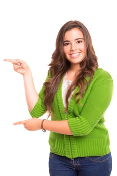 Young beautiful woman presenting your product, isolated over white background