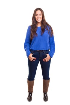 Beautiful young casual woman posing isolated over white