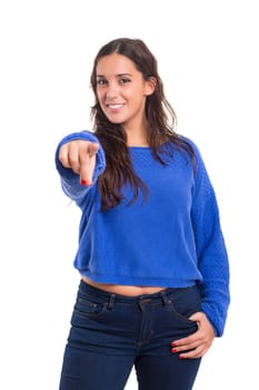 Young beautiful woman pointing at you, isolated over white