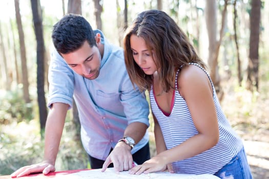 Young couple on roadtrip through countryside