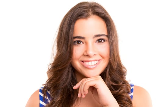 Young student woman posing over white background