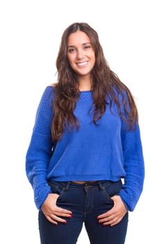 Beautiful young casual woman posing isolated over white