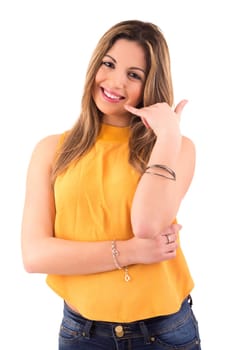 Happy young student making "call me"" sign with hand"