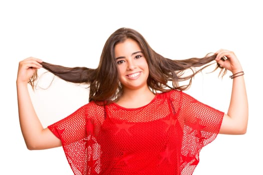 Happy woman pulling her hair, isolated over a white background