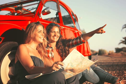 Group of friends on a roadtrip through countryside