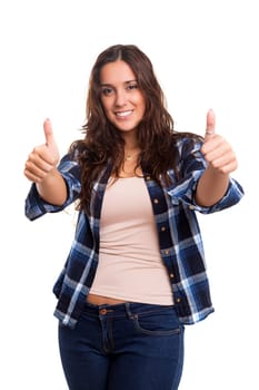 Beautiful young woman signaling ok, isolated over white