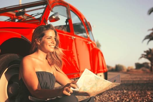 Woman going on a roadtrip in her convertible car