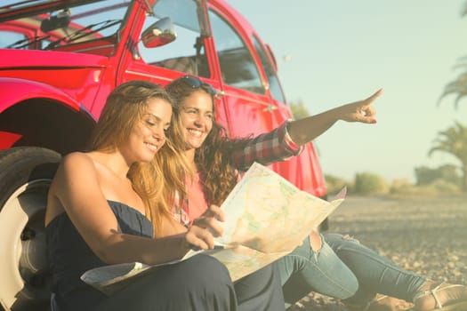 Group of friends on a roadtrip through countryside