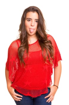 Beautiful young woman going funny, isolated over white background