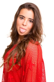 Beautiful young woman going funny, isolated over white background