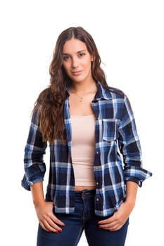 Beautiful young casual woman posing isolated over white