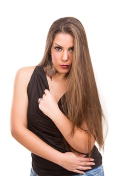 Beautiful Brunette Girl with healthy long hair - isolated over white