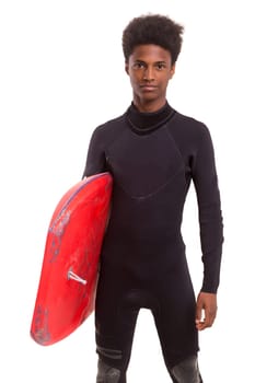 A young black bodyboarder posing in studio