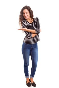 Young beautiful woman presenting your product, isolated over white background