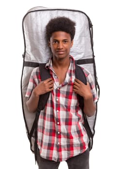 A young black bodyboarder posing in studio