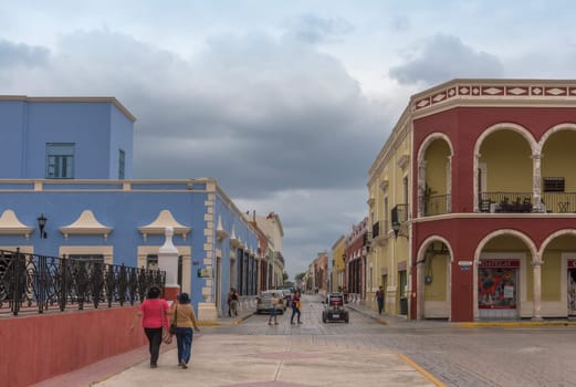 Pedestrians on the street in Campeche City Mexico
