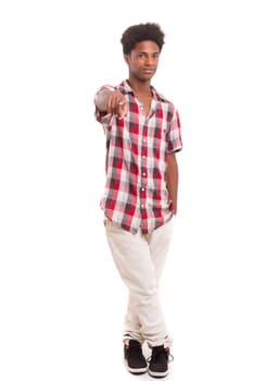 A casual young black boy posing isolated