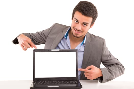 Young man presenting your product in a laptop computer