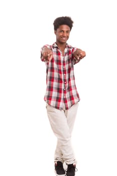 A casual young black boy posing isolated
