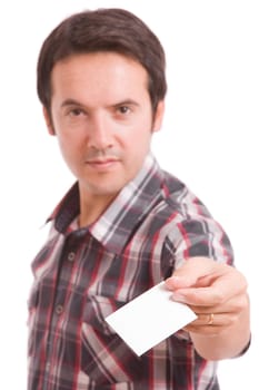 Business man offering card, isolated over white background