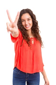 Beautiful young woman signaling ok, isolated over white