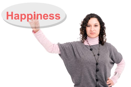 Young beautiful woman pressing the happiness key