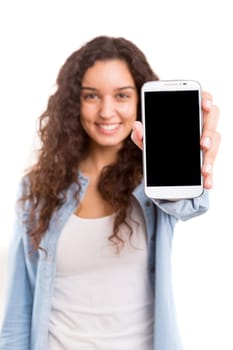 Business woman presenting your product on a last generation smartphone