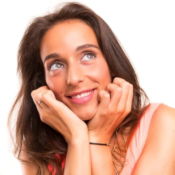 A beautiful young woman in love, isolated over a white background