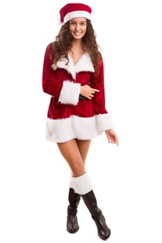 Beautiful young woman dressed with christmas costume, isolated over white