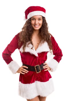 Beautiful young woman dressed with christmas costume, isolated over white