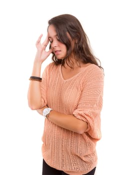 Young woman with an headache, isolated over a white background