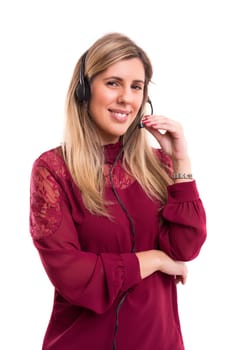 A friendly telephone operator smiling isolated over a white background