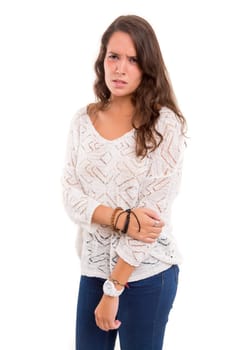 Young woman mad at you, isolated over white