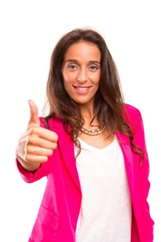 Young business woman signaling ok, isolated over white background