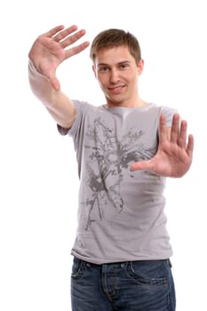 Young casual man posing, isolated in white background