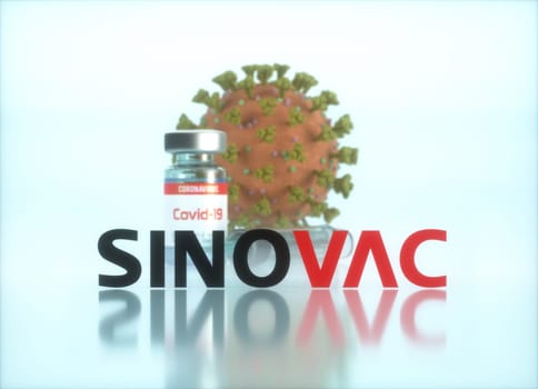 Sinovac Vaccine, conceptual image for the discovery of a vaccine for the Covid-19, Coronavirus, 2019-nCoV, SARS-CoV-2. 3D illustration.