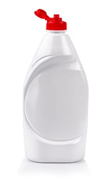 The White plastic bottle for liquid detergent with red lid , isolated on white