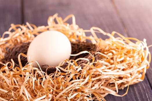 white egg on the nest on the old wooden background