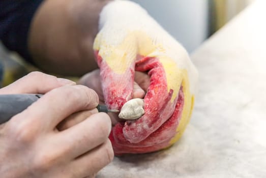 male teacher and his little student make a hand-made walrus bone souvenir