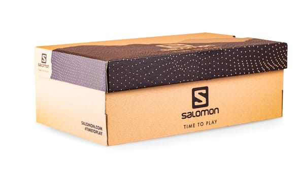Kamchatka, Russia, 10 Jule 2019 - Salomon Sign On Salomon Shoe Box isolated on white background