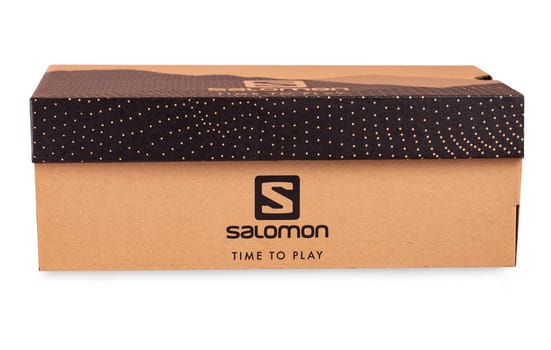 Kamchatka, Russia, 10 Jule 2019 - Salomon Sign On Salomon Shoe Box isolated on white background