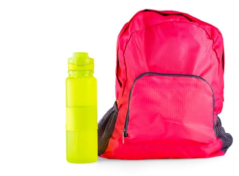 red women's sports bag with sports bottle for a water isolated on white background