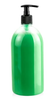 Liquid container for gel, lotion, cream, shampoo, bath from pink cosmetic plastic bottle with black dispenser pump.