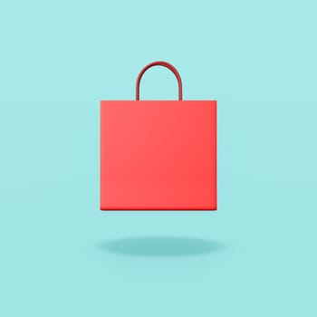 One Red Shopping Bag on Flat Blue Background with Shadow 3D Illustration