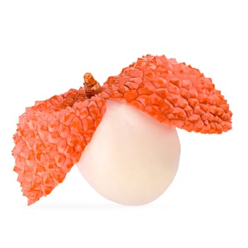 Isolated lychees. One whole ripe litchi fruit isolate on white background with clipping path for package design. Full depth of field.