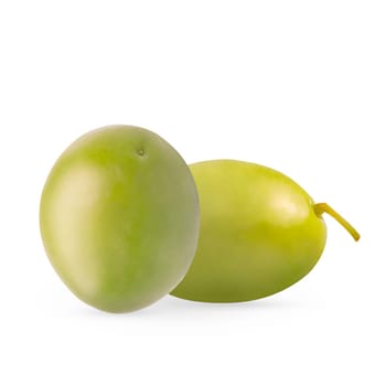 Isolated olives. Two whole green marinated olive isolate on white background with clipping path for package design. Full depth of field.