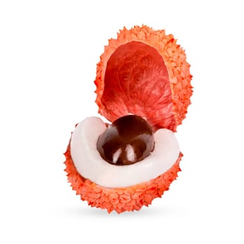 Isolated lychees. One whole ripe litchi fruit isolate on white background with clipping path for package design. Full depth of field.