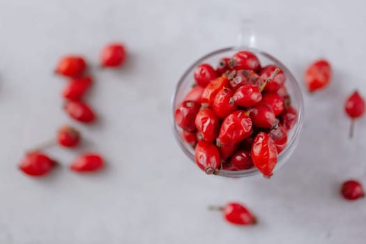 Medicinal plants and herbs. Rose hips berries on concrete background with copy space. Dried fruits for herbal teas and essential oils. Selective focus. Horizontal orientation.